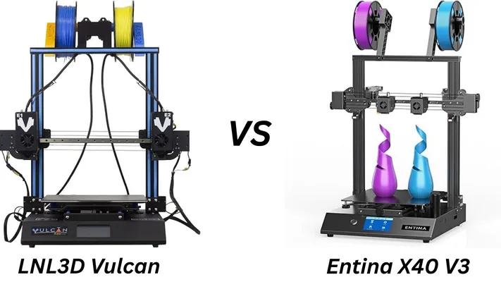 LNL3D Vulcan and Entina X40 V3 3D printers side-by-side, showcasing their dual extruders and filament spools, with a "VS" in the middle. The LNL3D Vulcan is on the left with blue and yellow filament, and the Entina X40 V3 is on the right with purple and blue printed objects.