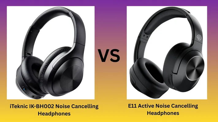 iTeknic IK-BH002 vs E11 Active Noise Cancelling Headphones comparison with black over-ear headphones.