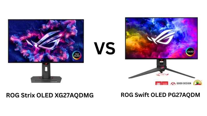 A side-by-side comparison image showing the ASUS ROG Strix OLED XG27AQDMG monitor on the left and the ASUS ROG Swift OLED PG27AQDM monitor on the right. The XG27AQDMG has a rectangular stand base, while the PG27AQDM features a tripod-style stand. Both monitors display a vibrant, colorful ROG logo on a dark background.