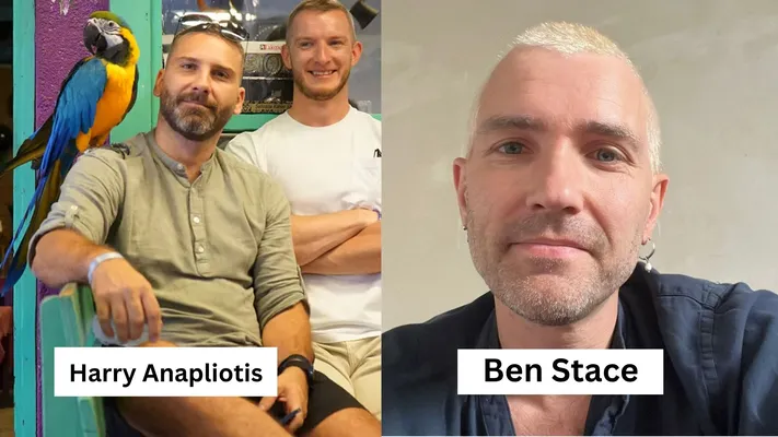 Harry Anapliotis, a man with a beard and sunglasses, sits outdoors with a blue and yellow macaw parrot on his shoulder, while Ben Stace, a man with light hair, is shown in a close-up headshot. This image illustrates the relationship between the two semantic SEO experts.