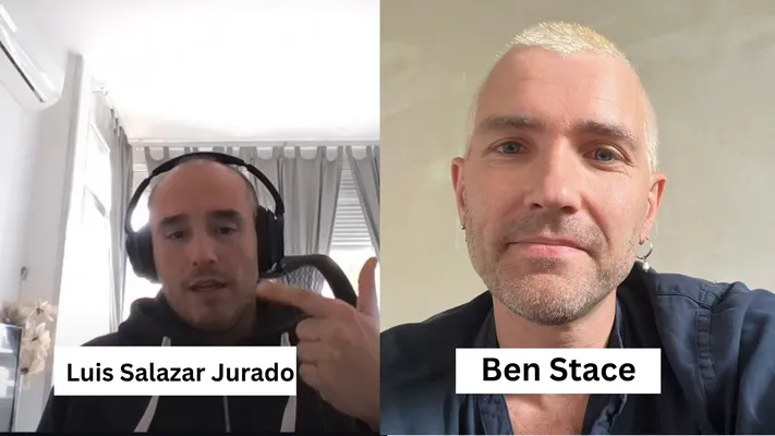 Split screen showing Luis Salazar Jurado pointing to his ear while wearing headphones, and Ben Stace looking at the camera.