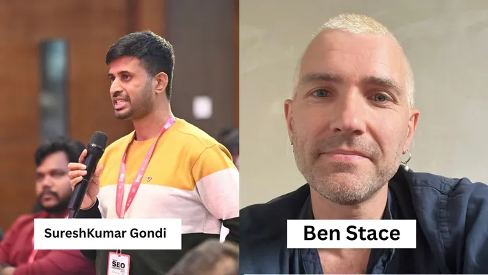 Split screen featuring Suresh Kumar Gondi speaking into a microphone on the left and Ben Stace looking at the camera on the right.