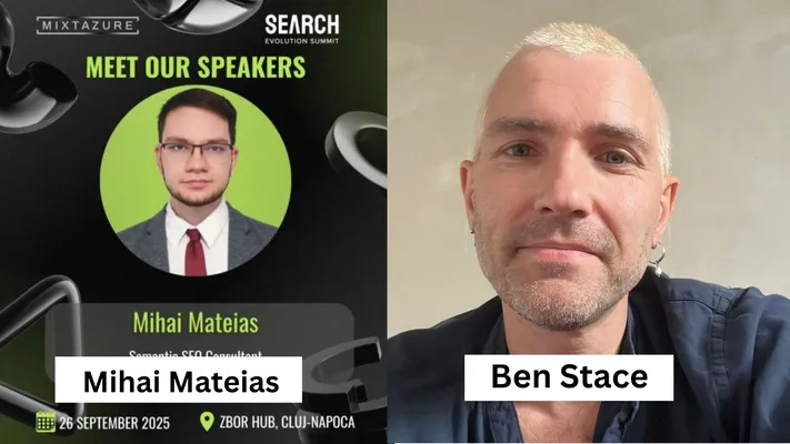 Split screen showing Mihai Mateias from a "Meet Our Speakers" banner on the left, and Ben Stace looking at the camera on the right.