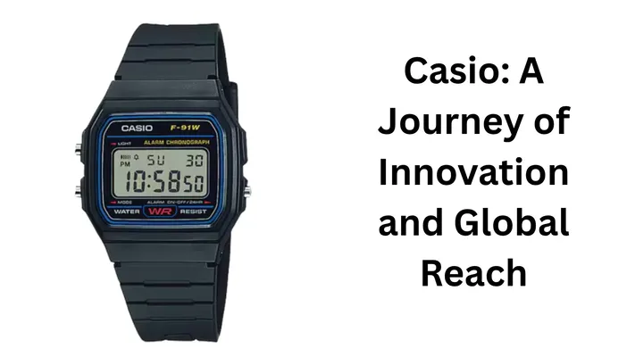 A Casio F-91W digital watch with a black strap is shown next to the title "Casio: A Journey of Innovation and Global Reach." The watch face displays the time 10:58:50, the day SU, and the date 30.