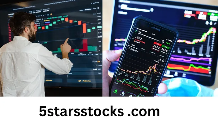 A split-screen image showing a man in a white shirt pointing at a large financial stock chart on a TV screen on the left, and a person holding a smartphone displaying a stock trading app with a live graph on the right.