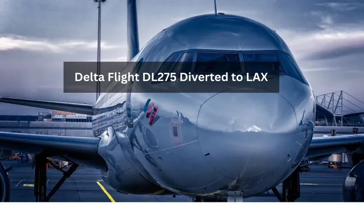 Delta Flight DL275 Diverted to LAX: What Happened A close-up, head-on view of a Delta Airlines aircraft parked on an airport tarmac, with the text "Delta Flight DL275 Diverted to LAX" overlaid on the image.