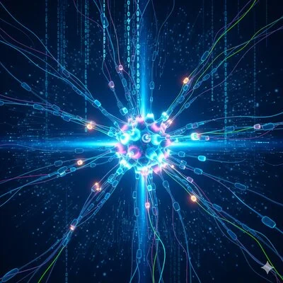 A futuristic digital illustration of a neural network with interconnected glowing nodes and synapse-like connections forming a complex web. The design features a blend of deep blues, neon accents, and holographic effects against a background suggesting data flow, machine learning, and artificial intelligence.