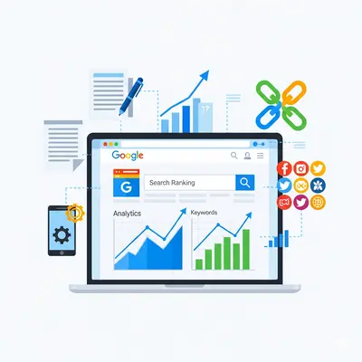 A professional digital marketing illustration representing SEO marketing. A laptop screen shows analytics graphs and a search bar with a high-ranking result, surrounded by icons for content, backlinks, mobile optimization, and social media. The design is a clean, modern flat style with bright colors.