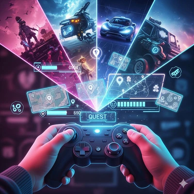 A vibrant digital illustration symbolizing gameplay, with a player holding a glowing game controller. Holographic elements like health bars, maps, and quest icons float around the controller, and the background shows dynamic visuals from various game genres.