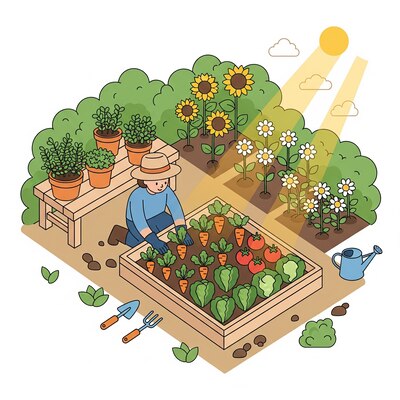 Home Gardening for Beginners: Easy Tips & Ideas A bright, inviting illustration of a person tending to a small backyard garden with vegetables, flowers, and potted plants. Gardening tools, a watering can, and sunlight are also shown. The style is clean, modern, and flat.