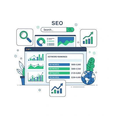 A minimalist vector illustration of SEO concepts featuring a website dashboard with charts and keyword rankings, surrounded by icons like a magnifying glass, search bar, upward arrow, and globe. The design uses a clean, flat style with blue, green, and white colors.