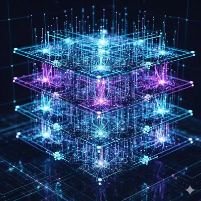 A high-tech digital illustration of a multi-layered 3D grid of interconnected neural networks. The design features glowing blue and purple lines representing data streams flowing through each layer, with a dark background.