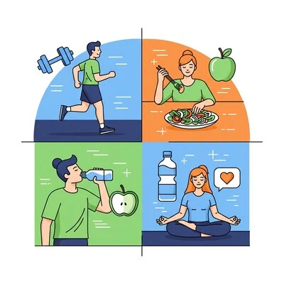 Top Health Tips for a Healthy Lifestyle A bright, modern illustration representing healthy living, with a person exercising, eating a salad, drinking water, and meditating. The design is a clean, flat style with fresh colors and icons symbolizing wellness.