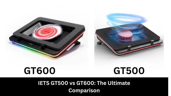 Side-by-side comparison of two IETS laptop cooling pads, the GT600 on the left with red fan accents and RGB lighting, and the GT500 on the right with a red fan and blue airflow effects, against a white background. Below the images is the title "IETS GT500 vs GT600: The Ultimate Comparison".