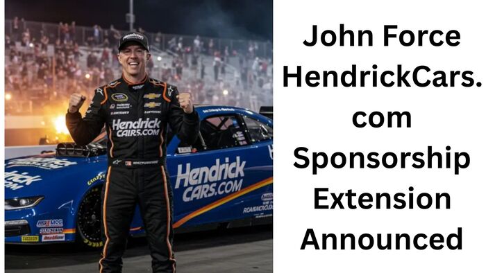 John Force Racing driver Robert Hight celebrating next to his HendrickCars.com sponsored Funny Car with the text "John Force HendrickCars.com Sponsorship Extension Announced"