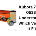 Kubota 77700-05389 RTV Series filter kit with oil filter, air filter, and fuel filter components displayed next to text explaining its vehicle compatibility.