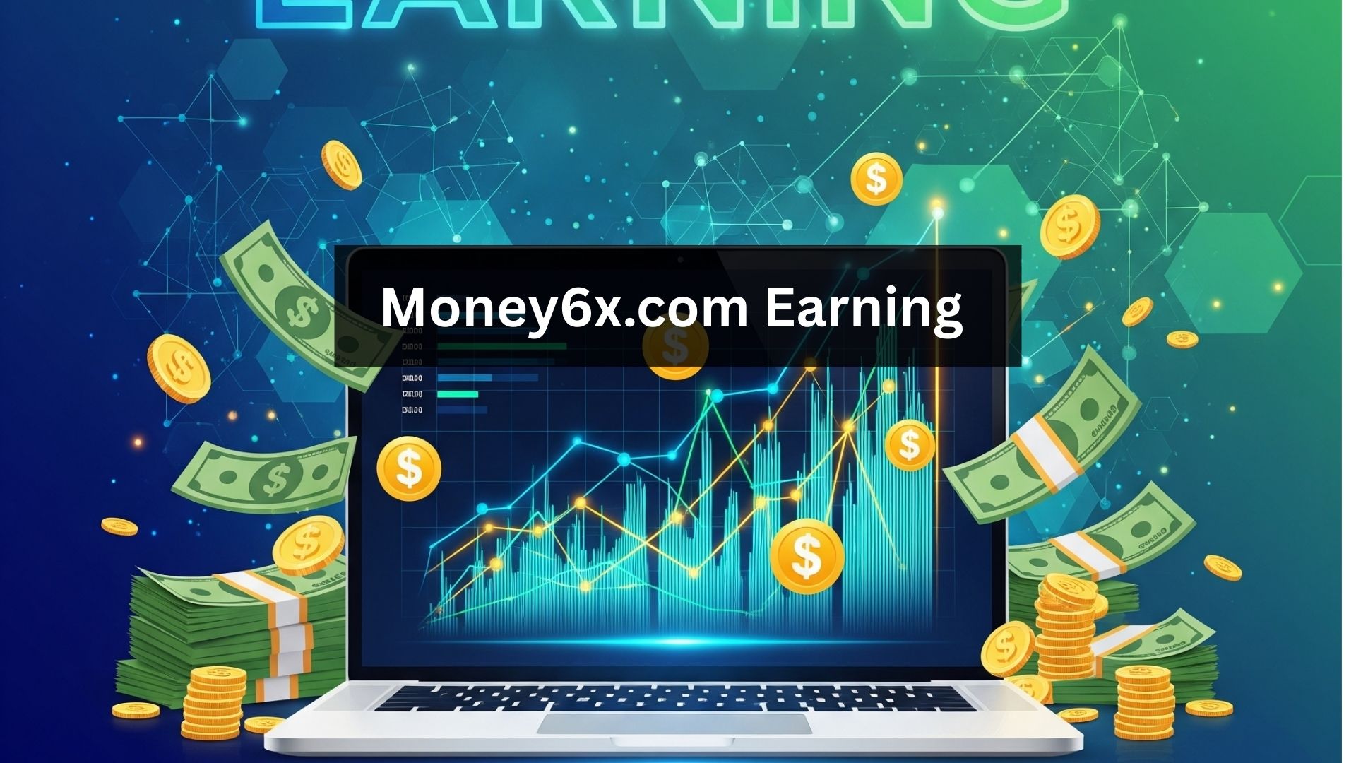 An animated image of a laptop with money and coins floating around it. The screen shows a graph with an upward trend.