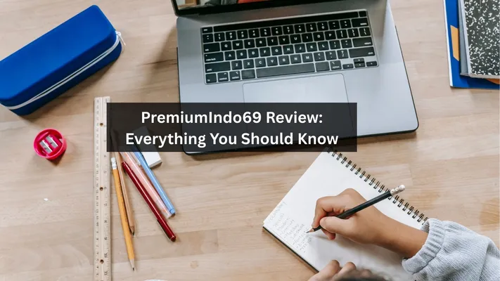 PremiumIndo69 Review: Everything You Should Know An overhead view of a desk with a laptop, a blue pencil case, a ruler, and a notebook where a person is writing. The image has a black bar over the center with the white text "PremiumIndo69 Review: Everything You Should Know".