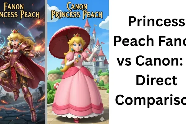 A vibrant, detailed split-screen illustration. On the left, labeled "Fanon Princess Peach," she is depicted as a warrior in pink and gold battle armor, holding a large, glowing magical sword with a determined expression on a dark, rocky battlefield. On the right, labeled "Canon Princess Peach," she is in her classic pink dress, crown, and white gloves, holding a red parasol, with a gentle, cheerful expression in front of her bright, whimsical Mushroom Kingdom castle.
