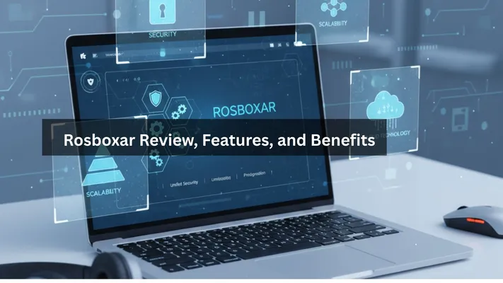 A close-up shot of a laptop screen displaying a "ROSBOXAR" logo surrounded by icons representing "SECURITY," "SCALABILITY," and "TECHNOLOGY," with the text "Rosboxar Review, Features, and Benefits" overlaid on the image.