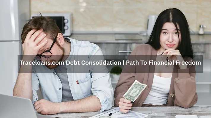 A stressed man with his head in his hand and a worried woman holding a dollar bill, with the text "Traceloans.com Debt Consolidation | Path To Financial Freedom" overlaid on the image.