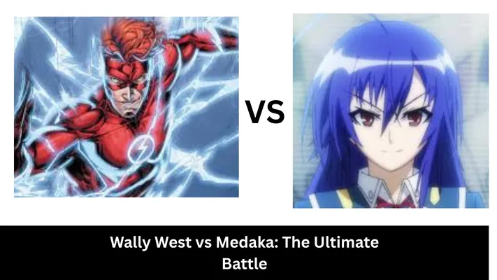 A versus graphic showing Wally West, as the Flash, on the left, crackling with blue lightning in a red and yellow suit, against Medaka Kurokami from Medaka Box on the right, a young woman with long blue hair and a school uniform. The text "VS" is between them, and below the images is the title: "Wally West vs Medaka: The Ultimate Battle".