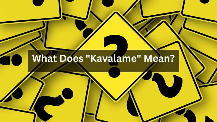 A yellow and black warning sign with a large black question mark in the center sits on a pile of similar signs. A semi-transparent black bar with the white text, "What Does 'Kavalame' Mean?" is overlaid on the image.