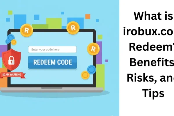 Infographic showing a laptop screen with a 'Redeem Code' box, game coins, and a scam warning shield, illustrating Roblox codes, benefits, and risks.