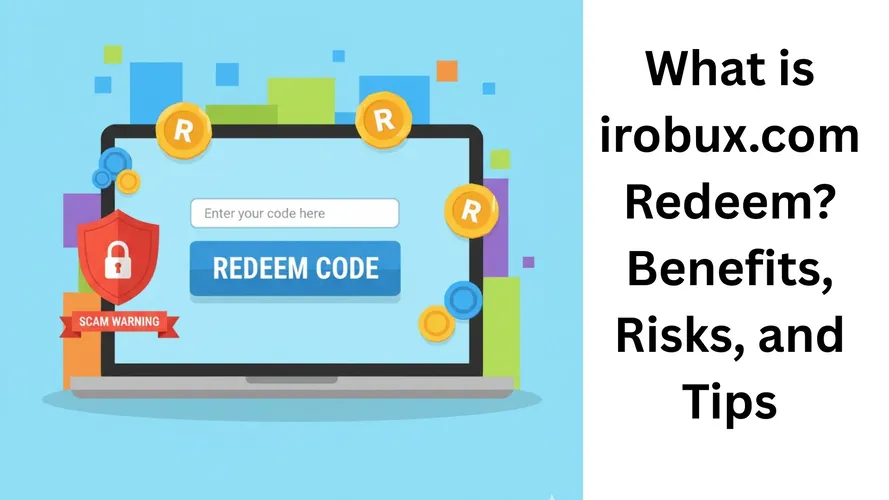 Infographic showing a laptop screen with a 'Redeem Code' box, game coins, and a scam warning shield, illustrating Roblox codes, benefits, and risks.