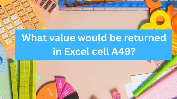 A bright, colorful photo shows a variety of math-related tools and objects on a beige background. In the center, a horizontal blue bar with white text asks, "What value would be returned in Excel cell A49?". The objects include a yellow calculator, a set of green and pink fraction blocks, a red and white pie chart-style fraction circle, a measuring tape, rulers, and pencils. The overall theme is educational and a bit playful, resembling a classroom or study space.