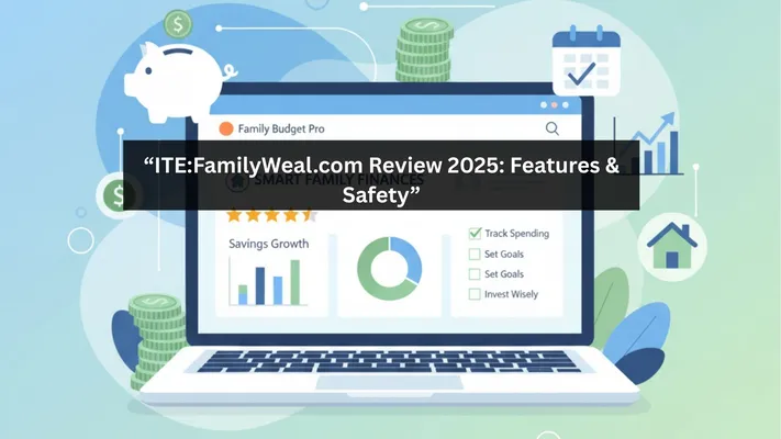 ITE:FamilyWeal.com Review 2025: Features & Safety A digital illustration of a laptop displaying a financial dashboard with charts and a piggy bank, with a title overlay that reads βITE:FamilyWeal.com Review 2025: Features & Safetyβ.