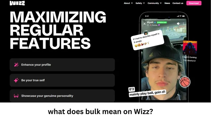 An image showing a screenshot of the Wizz app on a smartphone, with the title "MAXIMIZING REGULAR FEATURES" and subheadings "Enhance your profile," "Be your true self," and "Showcase your genuine personality." The image is accompanied by the text "what does bulk mean on Wizz?".