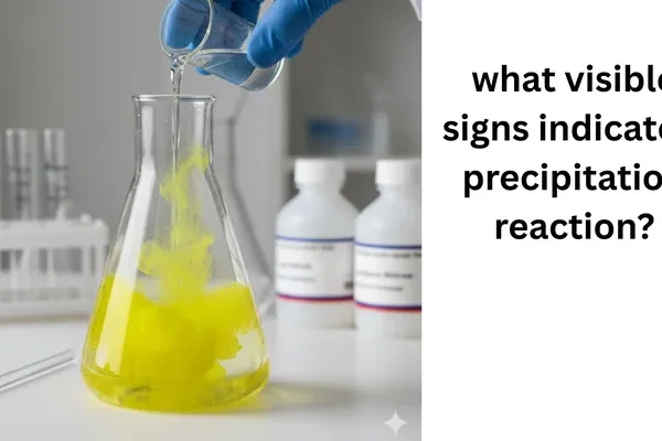 A close-up photograph of a chemistry experiment where a clear liquid is being poured from a beaker into an Erlenmeyer flask, instantly creating a bright, opaque yellow cloud or solid settling in the bottom liquid. The text "what visible signs indicate a precipitation reaction?" is next to the flask.