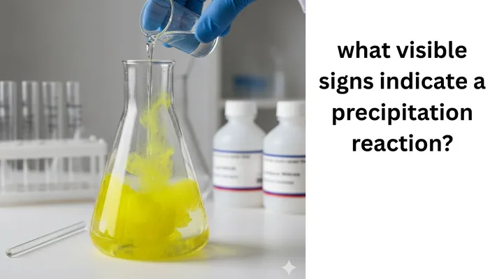 A close-up photograph of a chemistry experiment where a clear liquid is being poured from a beaker into an Erlenmeyer flask, instantly creating a bright, opaque yellow cloud or solid settling in the bottom liquid. The text "what visible signs indicate a precipitation reaction?" is next to the flask.