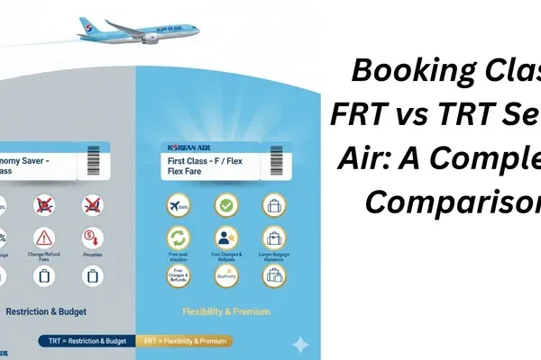 A Korean Air advertisement comparing "Economy Saver - T Class" (TRT) with "First Class - F / Flex Flex Fare" (FRT) for flights to Seoul. The TRT class emphasizes "Restriction & Budget" with icons for 70% low mileage, change/refund fees, and penalties. The FRT class emphasizes "Flexibility & Premium" with icons for 200% mileage, free seat selection, free changes & refunds, larger baggage allowance, and a "SkyPriority" star. A Korean Air plane flies in the top left corner, and the title "Booking Class FRT vs TRT Seoul Air: A Complete Comparison" is on the right.