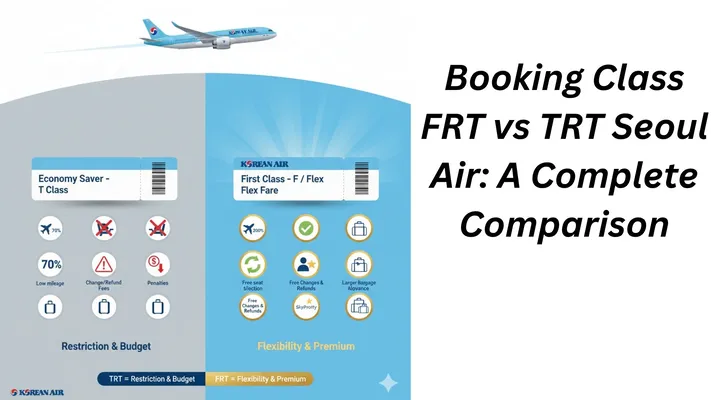 A Korean Air advertisement comparing "Economy Saver - T Class" (TRT) with "First Class - F / Flex Flex Fare" (FRT) for flights to Seoul. The TRT class emphasizes "Restriction & Budget" with icons for 70% low mileage, change/refund fees, and penalties. The FRT class emphasizes "Flexibility & Premium" with icons for 200% mileage, free seat selection, free changes & refunds, larger baggage allowance, and a "SkyPriority" star. A Korean Air plane flies in the top left corner, and the title "Booking Class FRT vs TRT Seoul Air: A Complete Comparison" is on the right.
