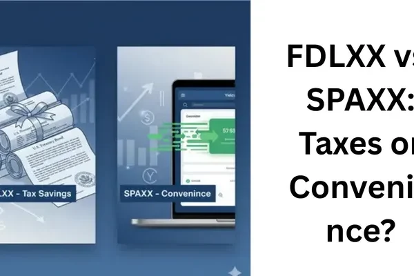 Illustration comparing FDLXX (U.S. Treasury bonds, "Tax Savings") and SPAXX (laptop, fast cash, "Convenience") money market funds, in a modern financial theme with blue/silver tones.