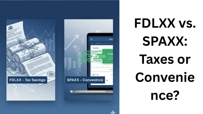 Illustration comparing FDLXX (U.S. Treasury bonds, "Tax Savings") and SPAXX (laptop, fast cash, "Convenience") money market funds, in a modern financial theme with blue/silver tones.