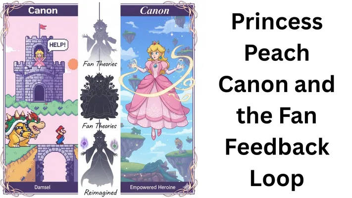 Illustration showing Princess Peach's evolution from "damsel in distress" to "empowered heroine," flanked by "fan theories."
