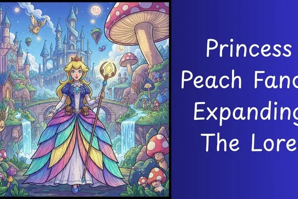 A vibrant, whimsical illustration of Princess Peach in a fanon-inspired style. She stands regally in the foreground, wearing a reimagined, flowing rainbow-colored gown with a blue bodice and sparkling details. Her crown is prominent, and she holds a golden staff topped with a glowing crystal. Behind her is a fantastical version of the Mushroom Kingdom, featuring unique, towering castles with various spires and floating islands in the sky. The landscape includes colorful, oversized mushrooms of different shapes and sizes, lush green hills, waterfalls cascading into streams, and winged creatures flying. The overall art style is detailed and vibrant, evoking a sense of fantasy and adventure.