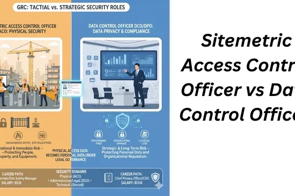 Infographic comparing Sitemetric Access Control Officer (ACO) and Data Control Officer (DCO/DPO) roles within GRC, showing physical security elements on the left, data privacy on the right, and shared data flow, along with career paths and salaries.