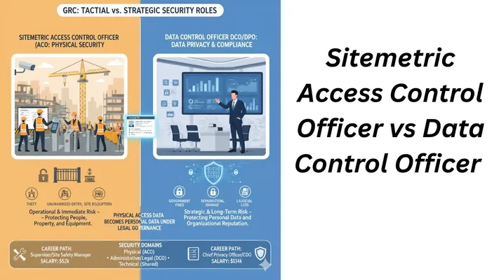 Infographic comparing Sitemetric Access Control Officer (ACO) and Data Control Officer (DCO/DPO) roles within GRC, showing physical security elements on the left, data privacy on the right, and shared data flow, along with career paths and salaries.