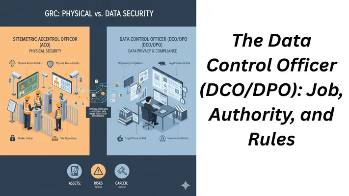 A graphic titled "GRC: PHYSICAL vs. DATA SECURITY" and "The Data Control Officer (DCO/DPO): Job, Authority, and Rules." The image is split into two main sections comparing Physical Security and Data Security roles. The left, labeled Physical Security, shows a "Sitemetric Access Control Officer (ACO)" overseeing physical access checks, worker safety, and site operations with images of surveillance cameras and people in hard hats. The right, labeled DATA PRIVACY & COMPLIANCE, illustrates the "Data Control Officer (DCO/DPO)" at a desk, surrounded by icons representing their focus: Regulatory Compliance, Legal/Financial Risk, Executive Authority, and Legal/Financial Risk (repeated). Below the graphic are three smaller icons labeled ASSETS, RISKS: Tactical, and CAREER: Tactical.