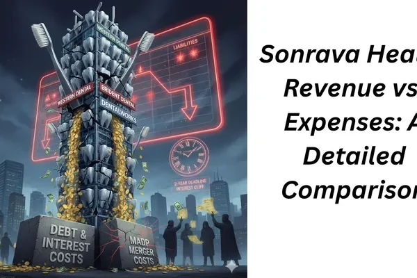 A conceptual financial illustration titled "Sonrava Health Revenue vs. Expenses: A Detailed Comparison." The image depicts a crumbling skyscraper made of dental chairs and toothbrushes, with money flowing out of cracks, symbolizing financial loss. Behind it, a tilted balance sheet with a downward arrow indicates instability. The base of the skyscraper is weighed down by blocks labeled "Debt & Interest Costs" and "MADP Merger Costs." In the background, shadowy figures exchange debt swap IOUs under a ticking clock representing an "Interest Cliff