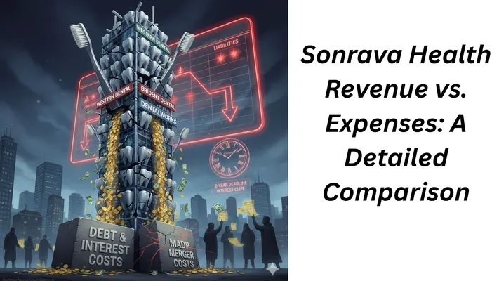 A conceptual financial illustration titled "Sonrava Health Revenue vs. Expenses: A Detailed Comparison." The image depicts a crumbling skyscraper made of dental chairs and toothbrushes, with money flowing out of cracks, symbolizing financial loss. Behind it, a tilted balance sheet with a downward arrow indicates instability. The base of the skyscraper is weighed down by blocks labeled "Debt & Interest Costs" and "MADP Merger Costs." In the background, shadowy figures exchange debt swap IOUs under a ticking clock representing an "Interest Cliff