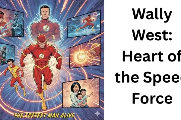 The central image features Wally West as The Flash, mid-stride and running towards the viewer, with vibrant red and gold lightning crackling around him against a backdrop of the blue Speed Force. Below him, a younger Wally as Kid Flash runs in tandem, fading into the adult Flash, symbolizing his growth. Above the central figure, a translucent, proud image of Barry Allen’s Flash is subtly visible. Encircling these figures are smaller inset panels: on the top left, The Flash confronts villains, stealing their speed; on the top right, he races forward in a dynamic pose; on the middle right, he delivers an "infinite mass punch" glowing with cosmic energy; and on the bottom right, his wife Linda Park and their twin children are softly illuminated, anchoring him in humanity. The bottom of the image has the text "THE FASTEST MAN ALIVE". The overall mood is heroic, emotional, and epic, celebrating Wally West as a legacy hero.