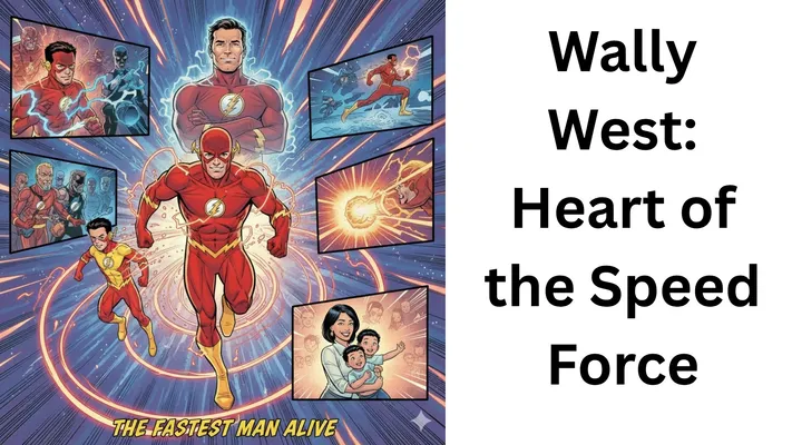 The central image features Wally West as The Flash, mid-stride and running towards the viewer, with vibrant red and gold lightning crackling around him against a backdrop of the blue Speed Force. Below him, a younger Wally as Kid Flash runs in tandem, fading into the adult Flash, symbolizing his growth. Above the central figure, a translucent, proud image of Barry Allen’s Flash is subtly visible. Encircling these figures are smaller inset panels: on the top left, The Flash confronts villains, stealing their speed; on the top right, he races forward in a dynamic pose; on the middle right, he delivers an "infinite mass punch" glowing with cosmic energy; and on the bottom right, his wife Linda Park and their twin children are softly illuminated, anchoring him in humanity. The bottom of the image has the text "THE FASTEST MAN ALIVE". The overall mood is heroic, emotional, and epic, celebrating Wally West as a legacy hero.
